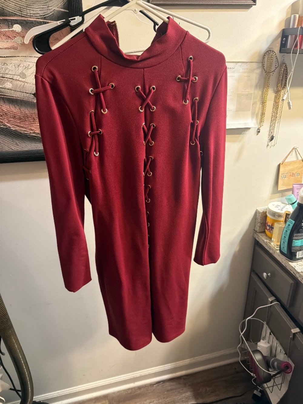 Red Lace-Up Bodycon Dress – Long Sleeve Mock Neck Statement Dress